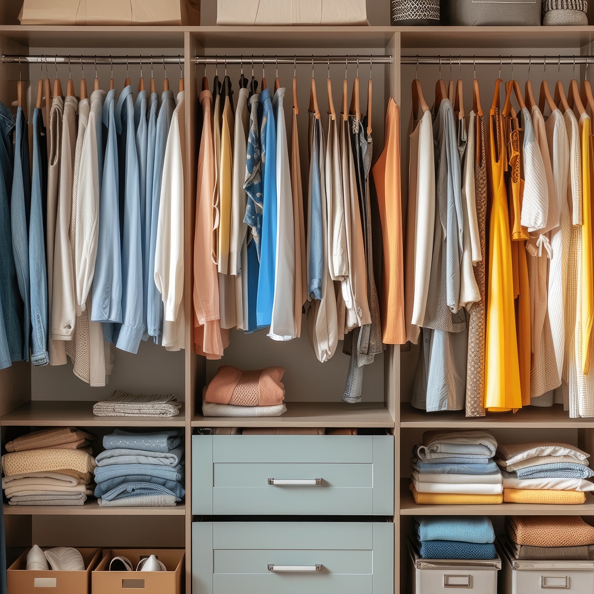 Schön organisierter Kleiderschrank mit bunten Kleidungsstücken, Farb- und Stilberatung, Kleiderschrank-Check