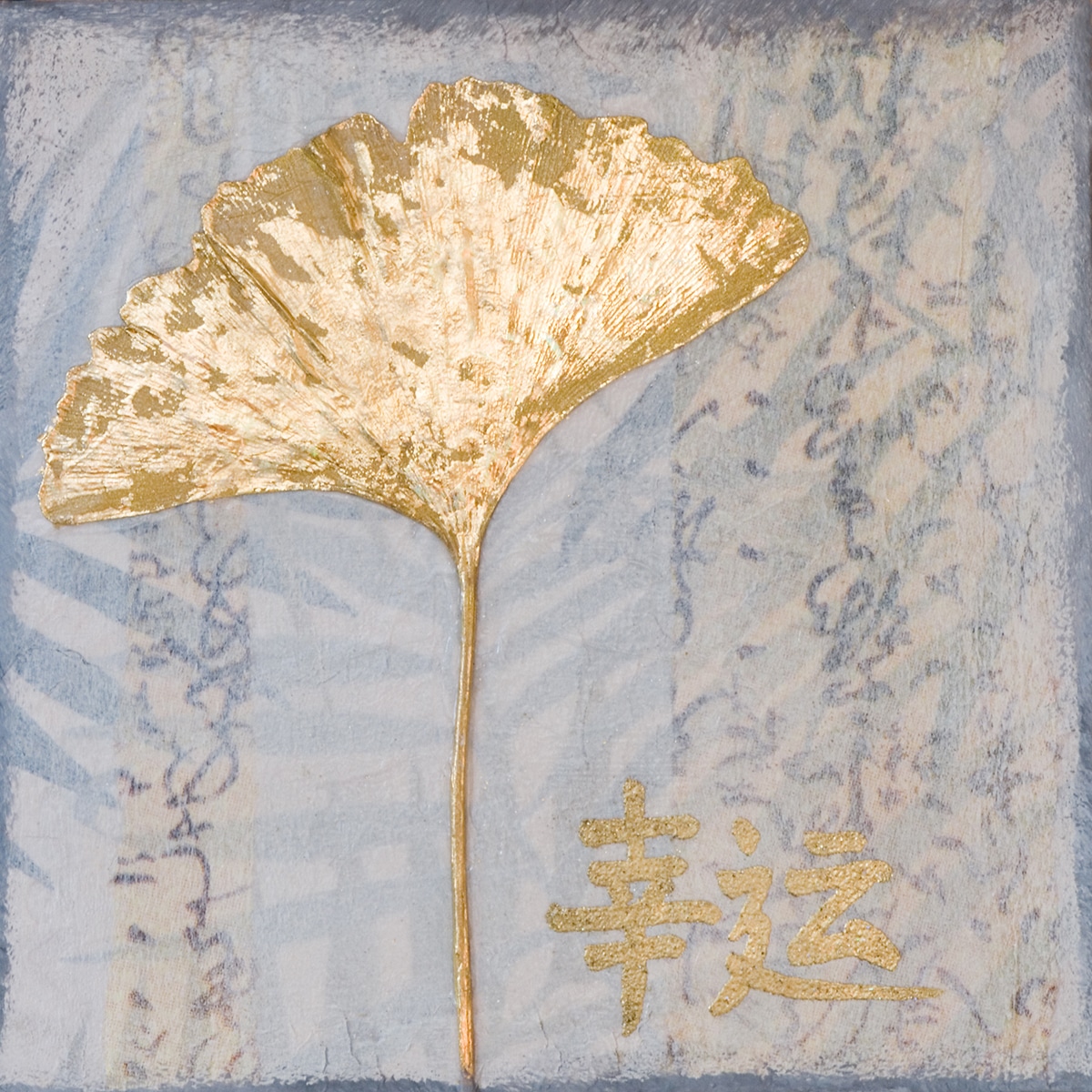 Malerei mit goldenem Ginkgoblatt und chinesischen Schriftzeichen, Symbol für Glück, Feng Shui